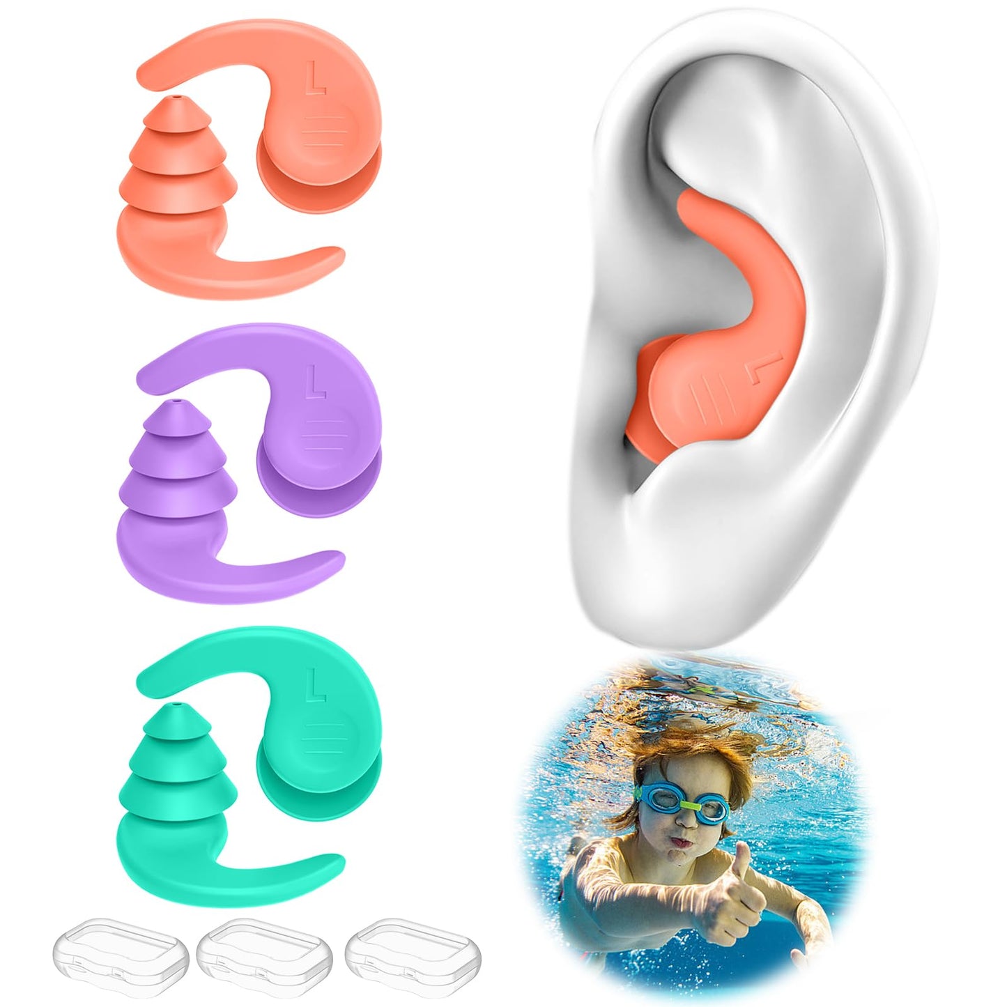 Swimming Ear Plugs for Adults,3 Pairs Waterproof Reusable Silicone Swim Earplugs for Swimming Surfing Snorkeling Showering and Water Pool,Beach,Ocean (Adults & Teens 14+)