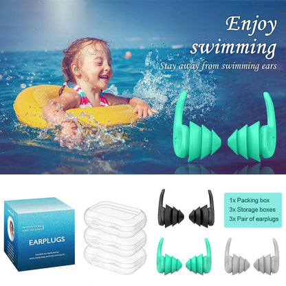 Swimming Ear Plugs for Adults,3 Pairs Waterproof Reusable Silicone Swim Earplugs for Swimming Surfing Snorkeling Showering and Water Pool,Beach,Ocean (Adults & Teens 14+)