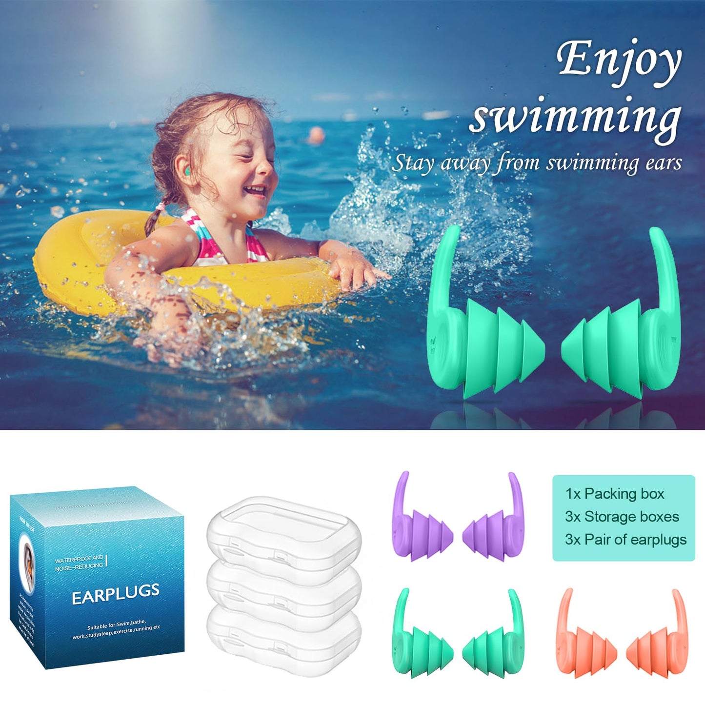 Swimming Ear Plugs for Adults,3 Pairs Waterproof Reusable Silicone Swim Earplugs for Swimming Surfing Snorkeling Showering and Water Pool,Beach,Ocean (Adults & Teens 14+)