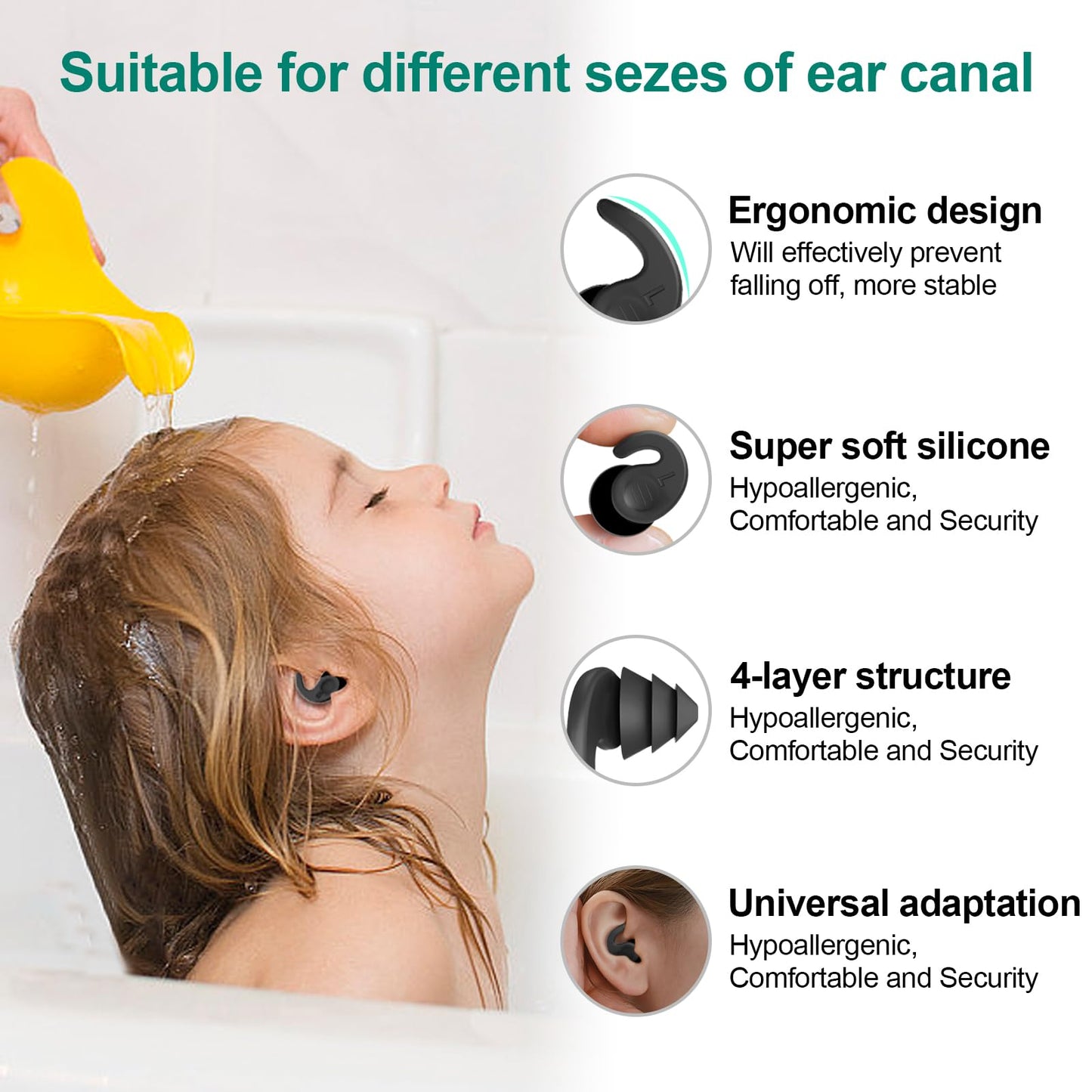 Swimming Ear Plugs for Adults,3 Pairs Waterproof Reusable Silicone Swim Earplugs for Swimming Surfing Snorkeling Showering and Water Pool,Beach,Ocean (Adults & Teens 14+)