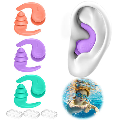 Swimming Ear Plugs for Adults,3 Pairs Waterproof Reusable Silicone Swim Earplugs for Swimming Surfing Snorkeling Showering and Water Pool,Beach,Ocean (Adults & Teens 14+)