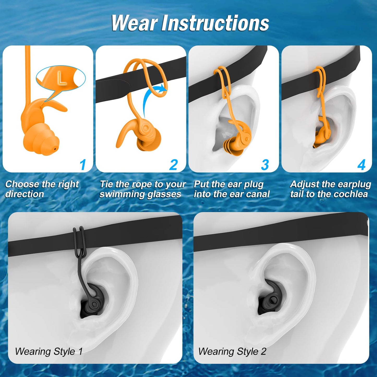 Swimming Ear Plugs for Adults,3 Pairs Waterproof Reusable Silicone Swim Earplugs for Swimming Surfing Snorkeling Showering and Water Pool,Beach,Ocean (Adults & Teens 14+)