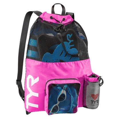 TYR Big Mesh Mummy Backpack For Wet Swimming, Gym, and Workout Gear, Pink