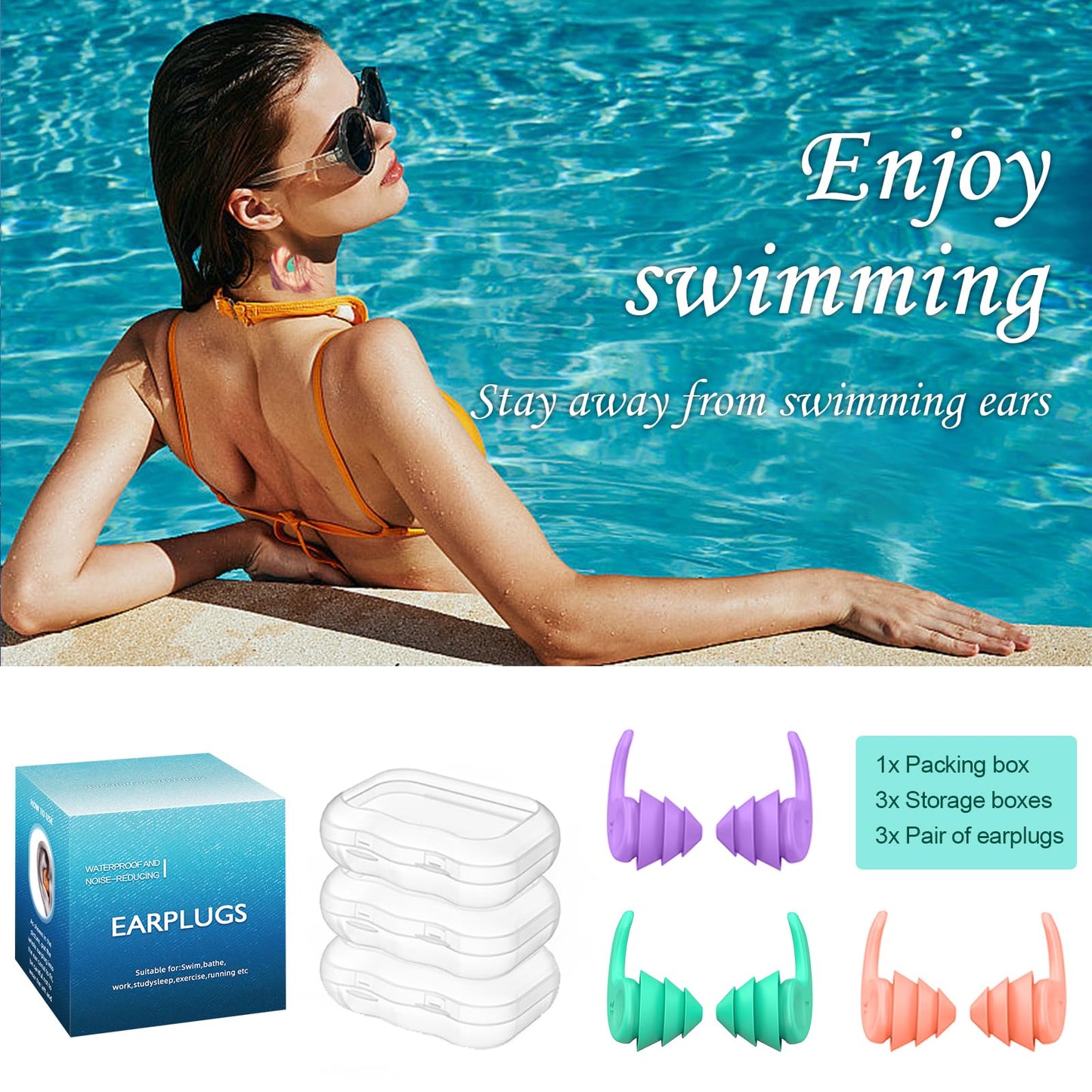 Swimming Ear Plugs for Adults,3 Pairs Waterproof Reusable Silicone Swim Earplugs for Swimming Surfing Snorkeling Showering and Water Pool,Beach,Ocean (Adults & Teens 14+)